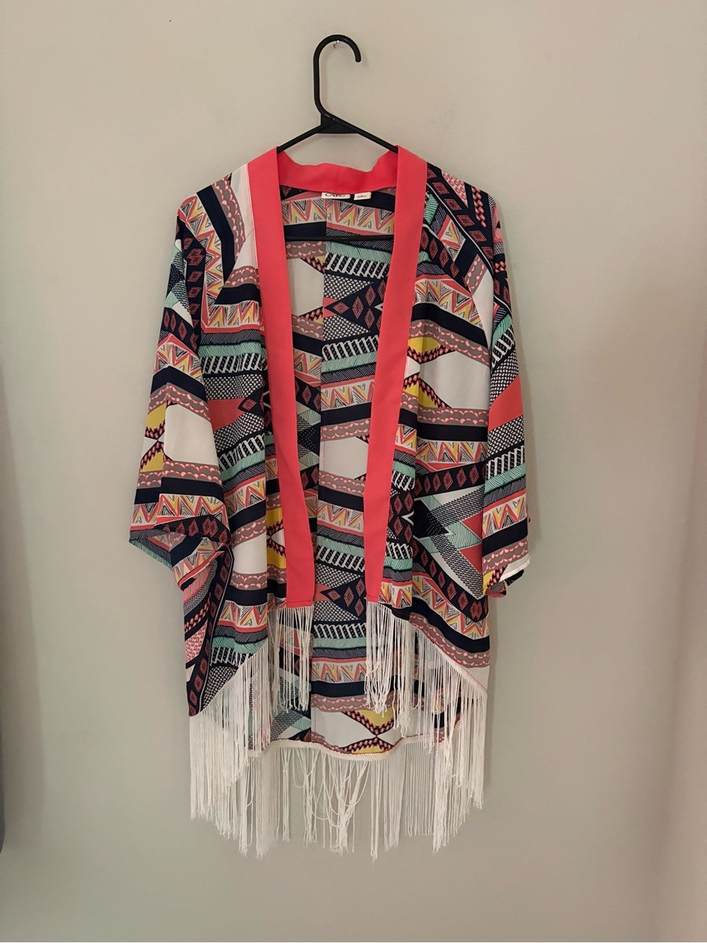 Cato Geometric Fringe Kimono Cardigan Boho Festival Cover Up Pink Multi Size L